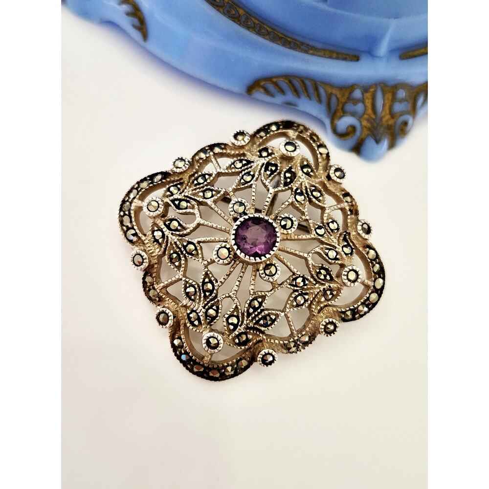Vintage Judith Jack Sterling Silver Amethyst & Marcasite Pin Brooch